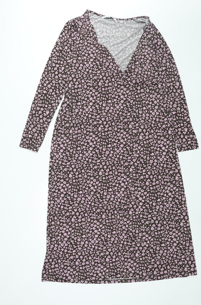 Mango Womens Pink Floral Polyester Wrap Dress Size M V-Neck Tie