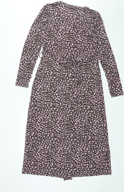 Mango Womens Pink Floral Polyester Wrap Dress Size M V-Neck Tie
