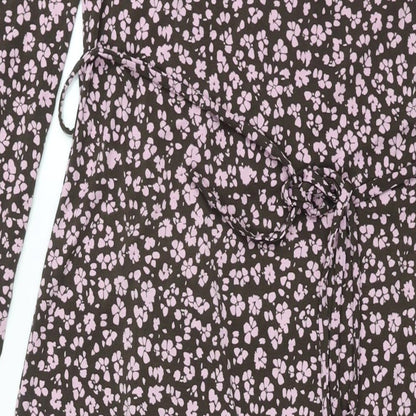 Mango Womens Pink Floral Polyester Wrap Dress Size M V-Neck Tie