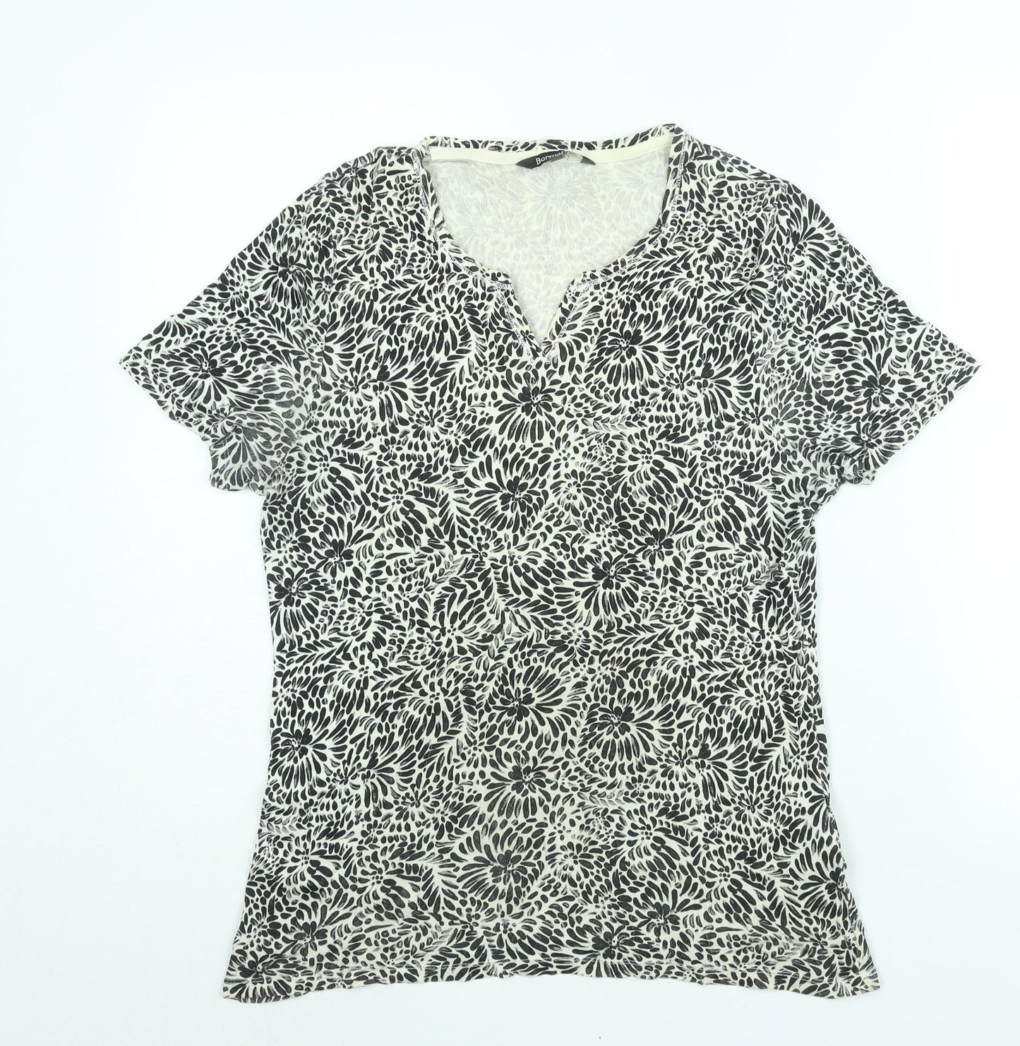 Bonmarché Womens Black Geometric Cotton Basic T-Shirt Size 14 V-Neck