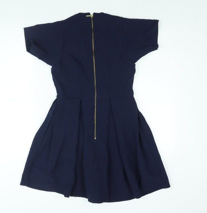 Closet Womens Blue Polyester A-Line Size 8 V-Neck Zip - Pleated