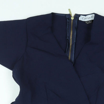 Closet Womens Blue Polyester A-Line Size 8 V-Neck Zip - Pleated