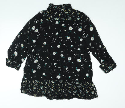 Marks and Spencer Womens Black Floral Viscose Shirt Dress Size 14 Mock Neck Button