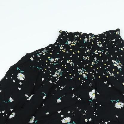 Marks and Spencer Womens Black Floral Viscose Shirt Dress Size 14 Mock Neck Button