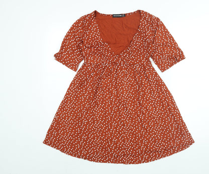 PRETTYLITTLETHING Womens Brown Polka Dot Viscose A-Line Size 10 V-Neck Pullover - Belted