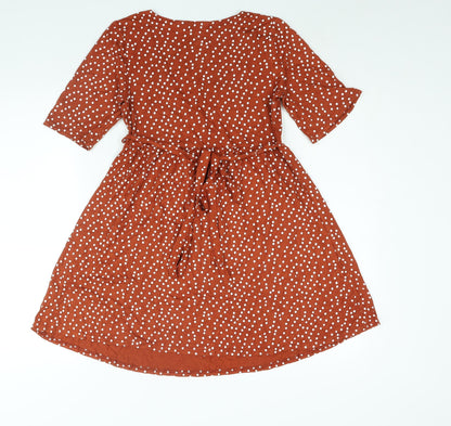 PRETTYLITTLETHING Womens Brown Polka Dot Viscose A-Line Size 10 V-Neck Pullover - Belted