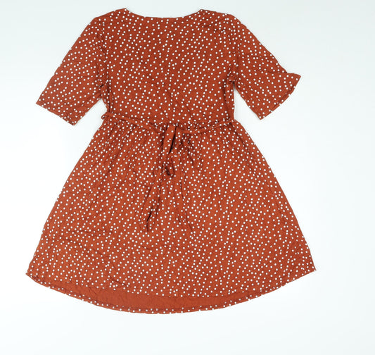 PRETTYLITTLETHING Womens Brown Polka Dot Viscose A-Line Size 10 V-Neck Pullover - Belted