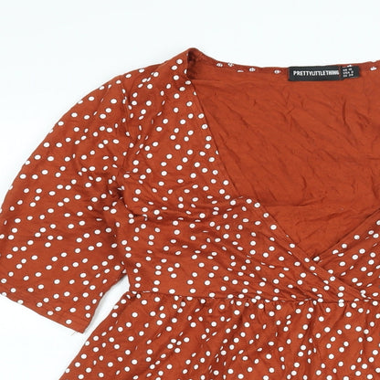 PRETTYLITTLETHING Womens Brown Polka Dot Viscose A-Line Size 10 V-Neck Pullover - Belted