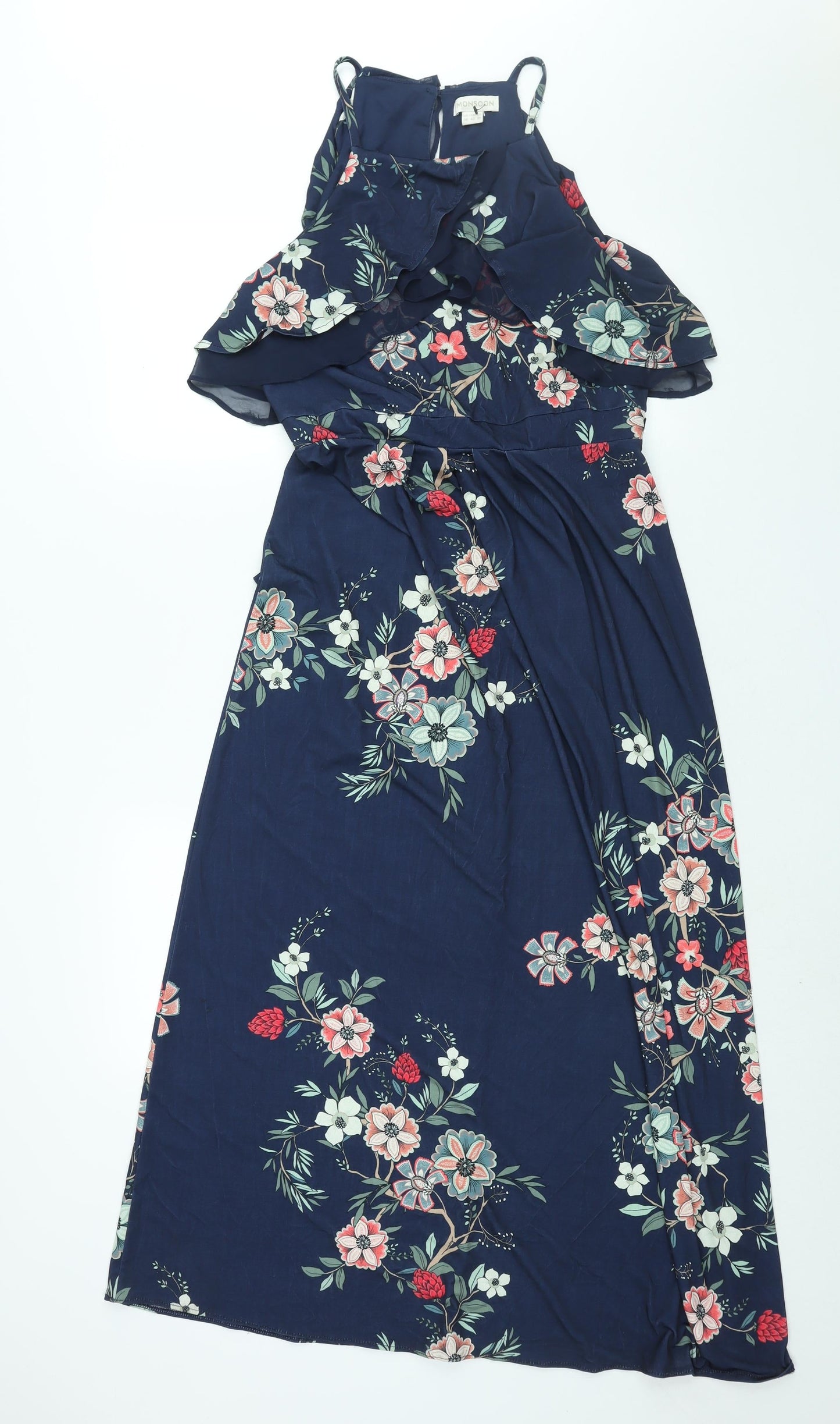 Monsoon Womens Black Floral Polyester Maxi Size 14 Round Neck Button - Frill