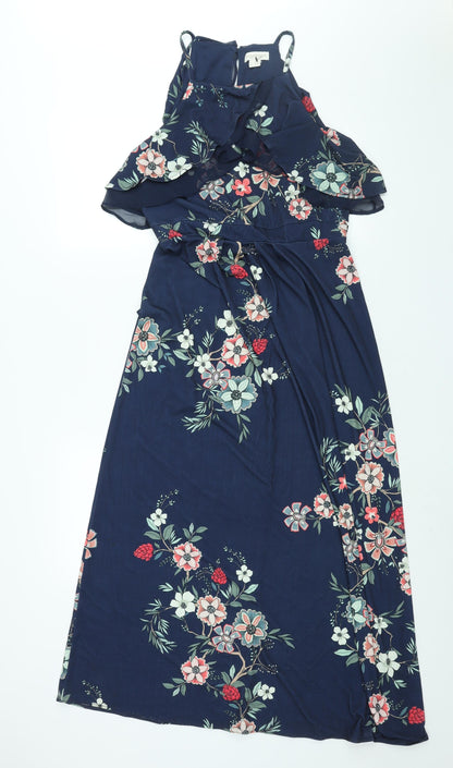 Monsoon Womens Black Floral Polyester Maxi Size 14 Round Neck Button - Frill