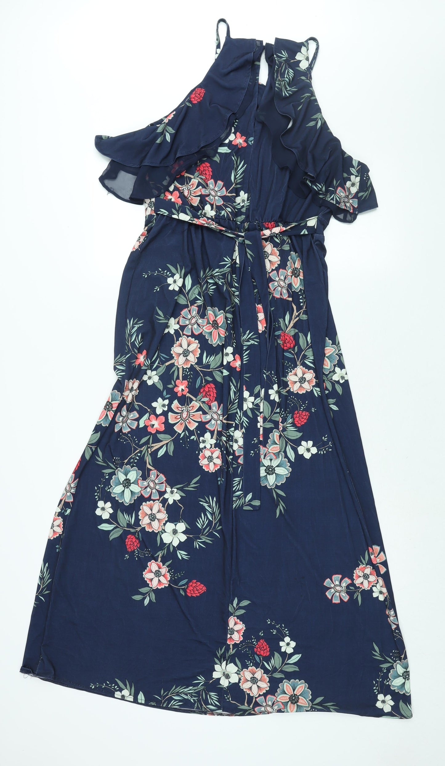 Monsoon Womens Black Floral Polyester Maxi Size 14 Round Neck Button - Frill