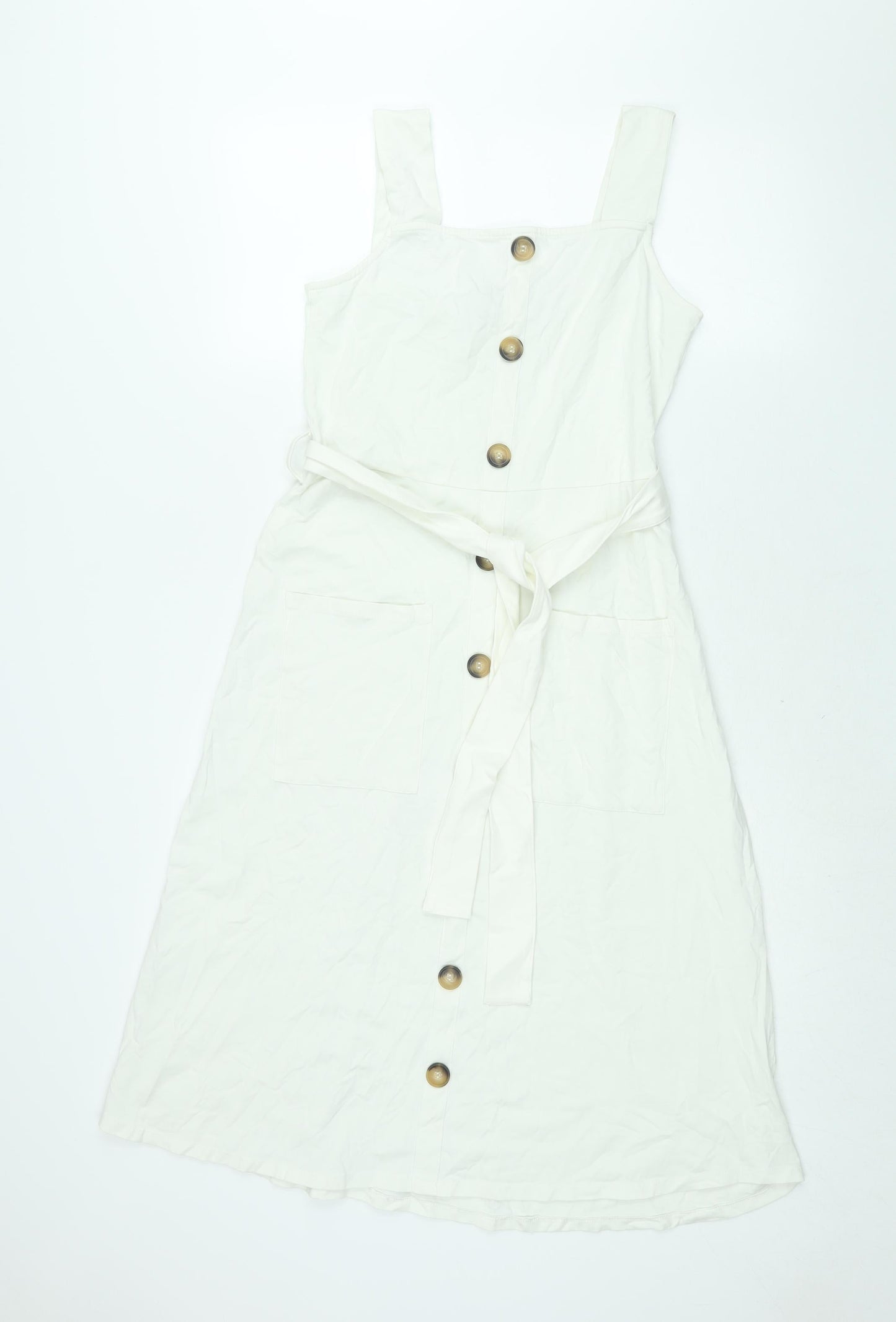 Dorothy Perkins Womens White Polyester Shift Size 12 Square Neck Pullover - Belted Button Detail