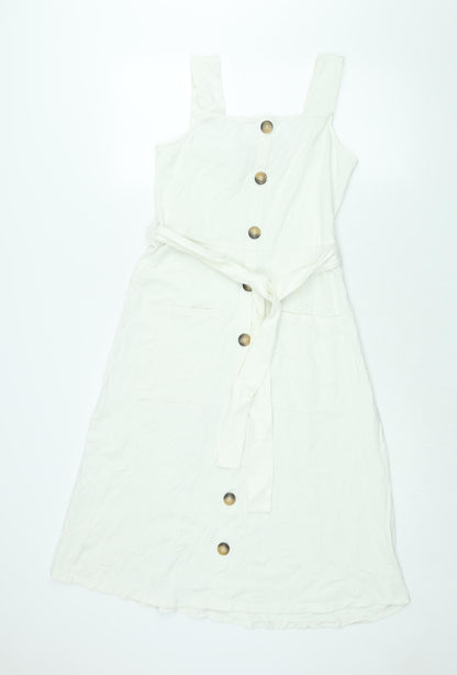Dorothy Perkins Womens White Polyester Shift Size 12 Square Neck Pullover - Belted Button Detail