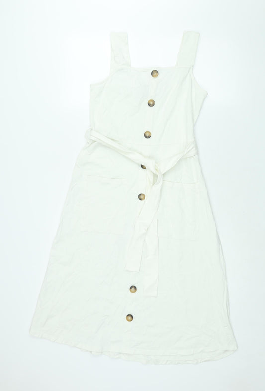 Dorothy Perkins Womens White Polyester Shift Size 12 Square Neck Pullover - Belted Button Detail