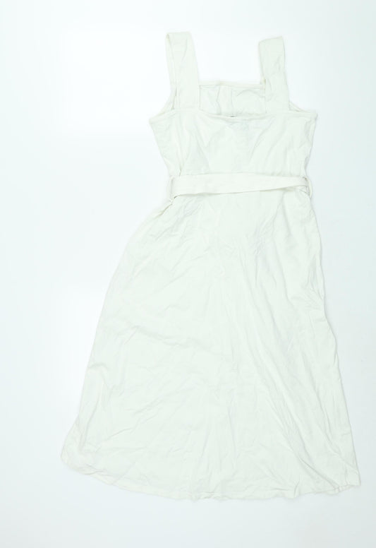 Dorothy Perkins Womens White Polyester Shift Size 12 Square Neck Pullover - Belted Button Detail