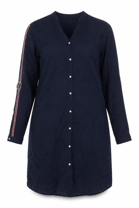 Front view of ESPRIT women’s blue viscose shift, size UK 14, v-neck button - stripe sleeve