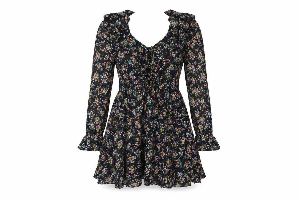 Kiss the Sky Womens Black Floral Viscose A-Line Size S V-Neck Button - Frill