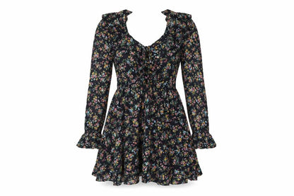 Kiss the Sky Womens Black Floral Viscose A-Line Size S V-Neck Button - Frill