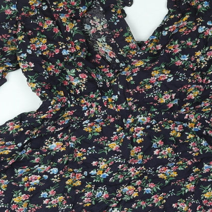Kiss the Sky Womens Black Floral Viscose A-Line Size S V-Neck Button - Frill