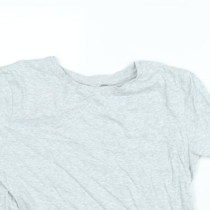 Close-up detail of H&M girls’ grey cotton basic t-shirt, size 14, years round neck pullover