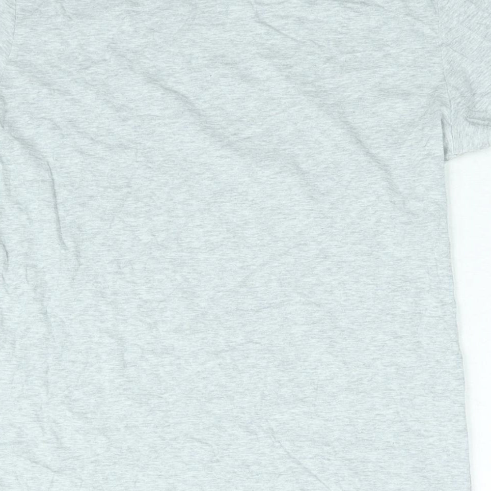 Brand and care label for H&M girls’ grey cotton basic t-shirt, size 14, years round neck pullover