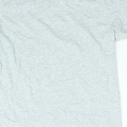 Brand and care label for H&M girls’ grey cotton basic t-shirt, size 14, years round neck pullover