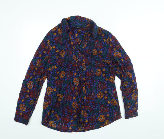 EWM Womens Multicoloured Floral Cotton Basic Button-Up Size 12 Collared - Beading Detail
