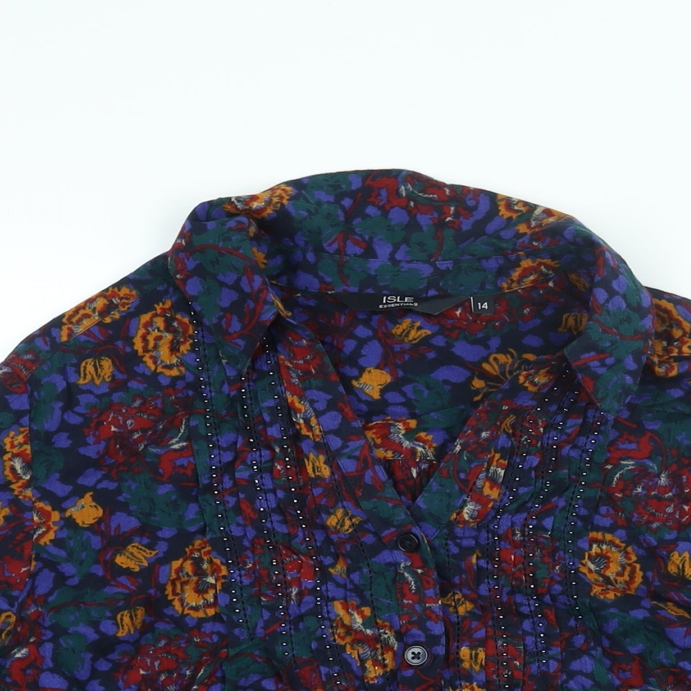 EWM Womens Multicoloured Floral Cotton Basic Button-Up Size 12 Collared - Beading Detail