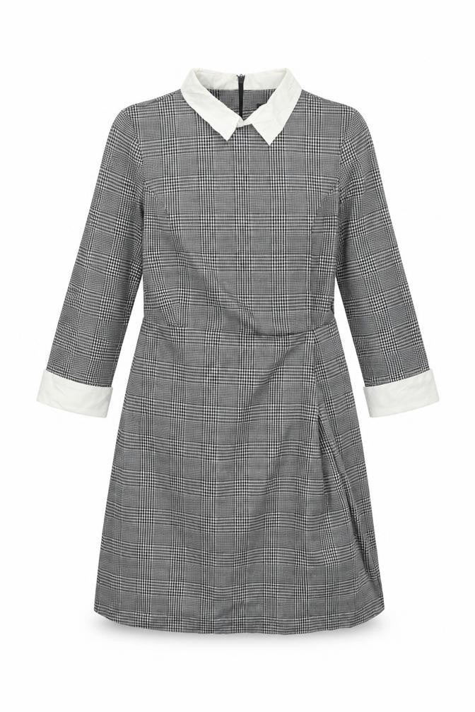 Marks & Spencer Womens Grey Check Polyester Shift Size 12 Collared Zip