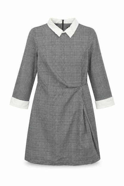 Marks & Spencer Womens Grey Check Polyester Shift Size 12 Collared Zip