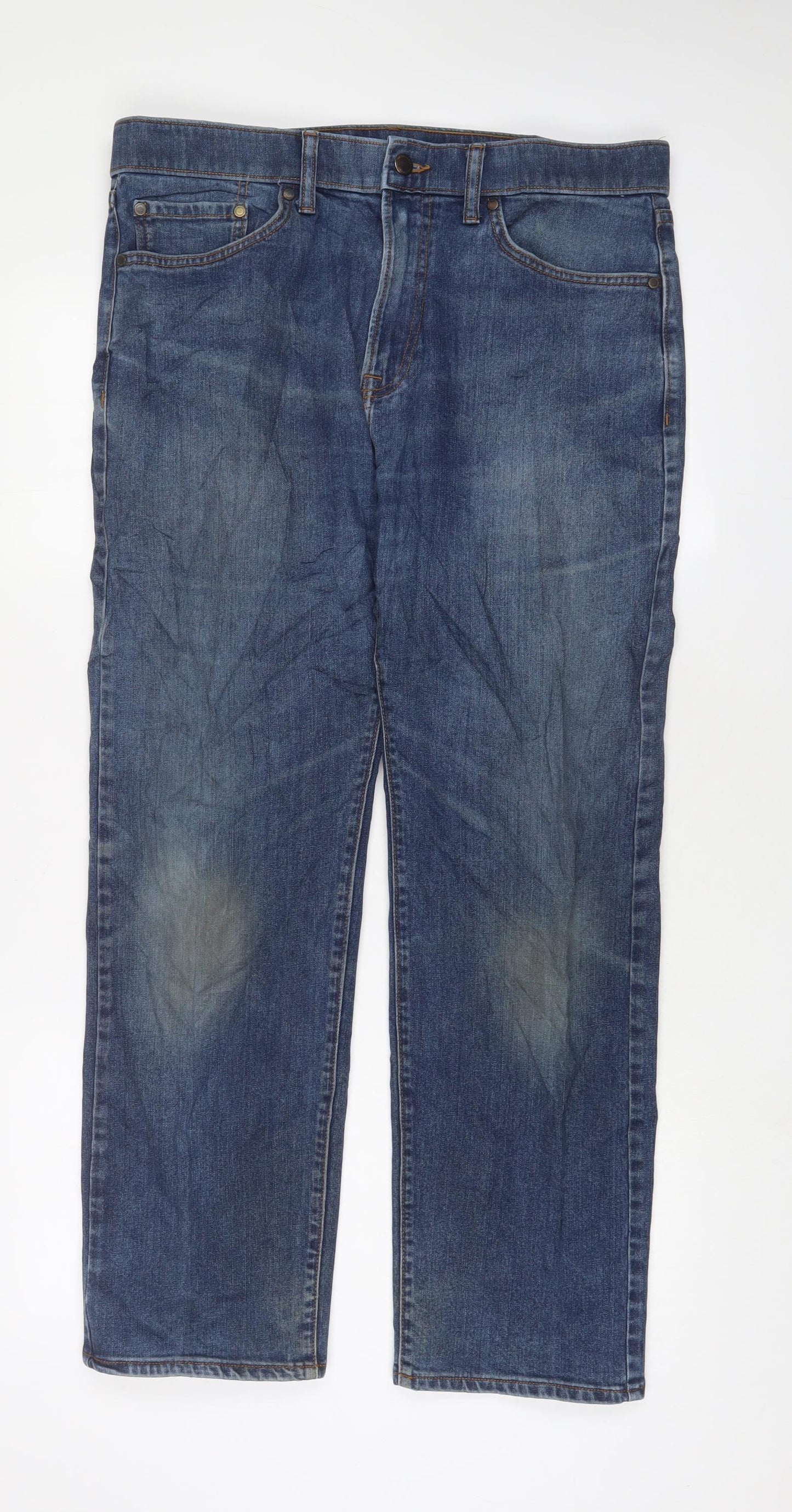 Marks and Spencer Mens Blue Cotton Straight Jeans Size 34 in L29 in Regular Zip - Short Leg