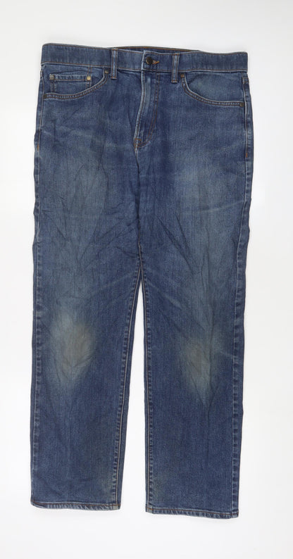 Marks and Spencer Mens Blue Cotton Straight Jeans Size 34 in L29 in Regular Zip - Short Leg