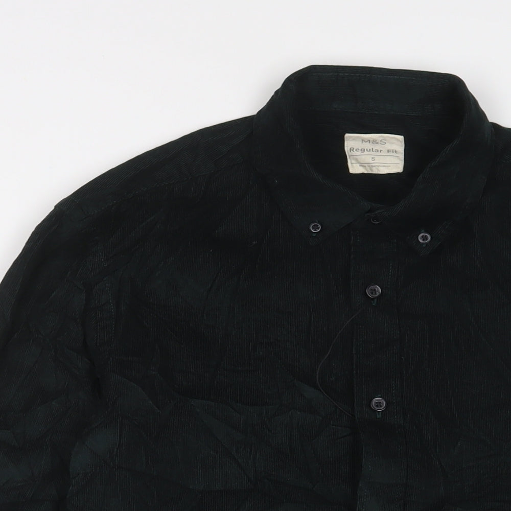 Marks & Spencer Mens Green Cotton Button-Up Size S Collared Button