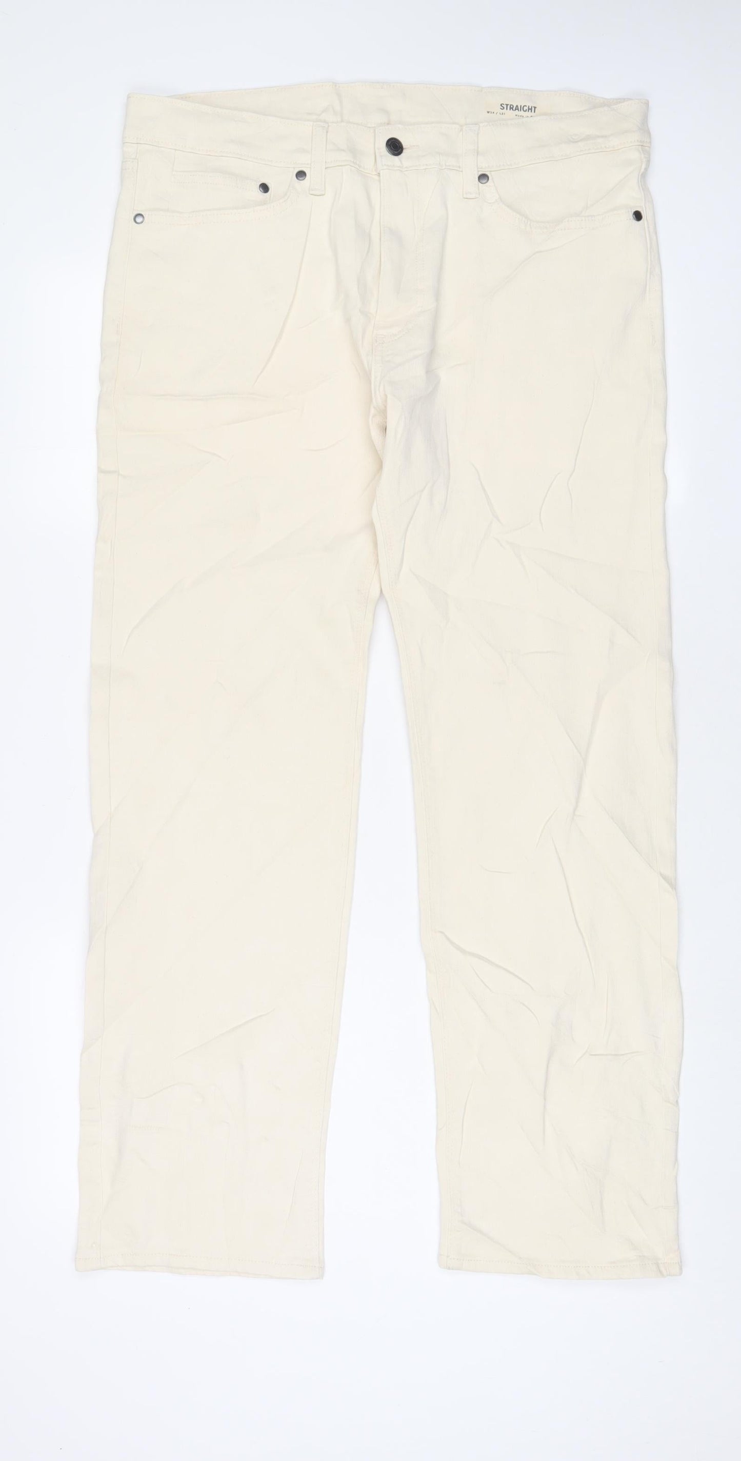 Marks and Spencer Mens Beige Cotton Straight Jeans Size 34 in L31 in Regular Zip