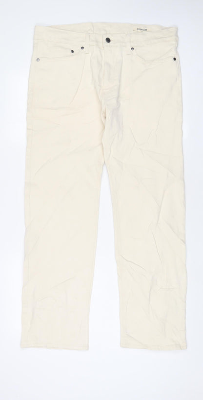 Marks and Spencer Mens Beige Cotton Straight Jeans Size 34 in L31 in Regular Zip