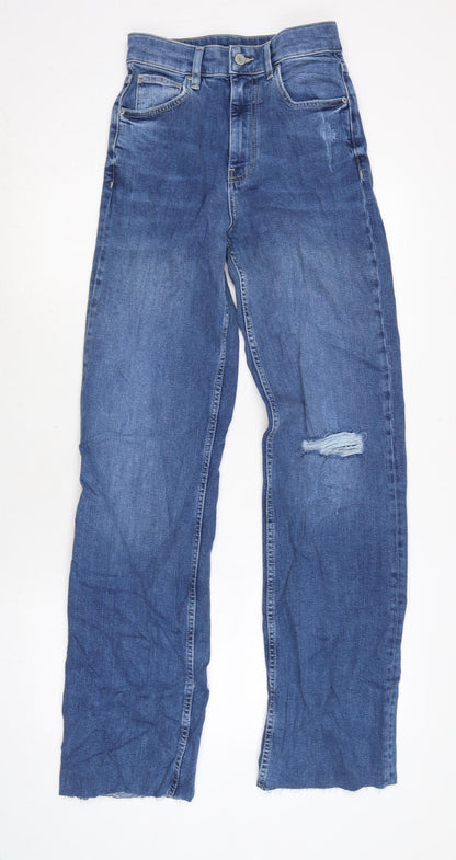 Marks and Spencer Womens Blue Cotton Blend Straight Jeans Size 8 L32.5 in Slim Zip - Raw Hem