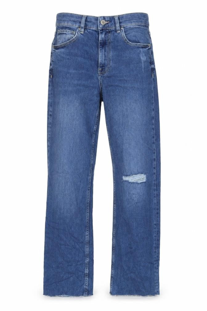 Marks & Spencer Womens Blue Cotton Blend Straight Jeans Size 8 L32.5 in Slim Zip - Raw Hem