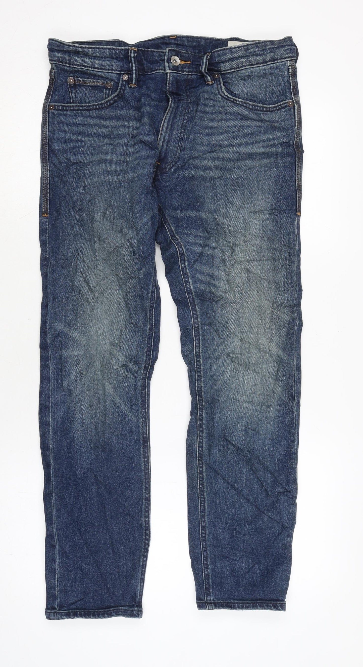 Marks and Spencer Mens Blue Cotton Blend Flared Jeans Size 30 in L29 in Regular Zip
