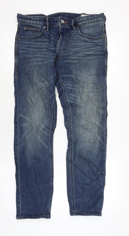 Marks and Spencer Mens Blue Cotton Blend Flared Jeans Size 30 in L29 in Regular Zip