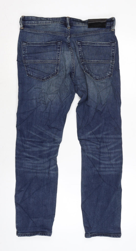 Marks and Spencer Mens Blue Cotton Blend Flared Jeans Size 30 in L29 in Regular Zip