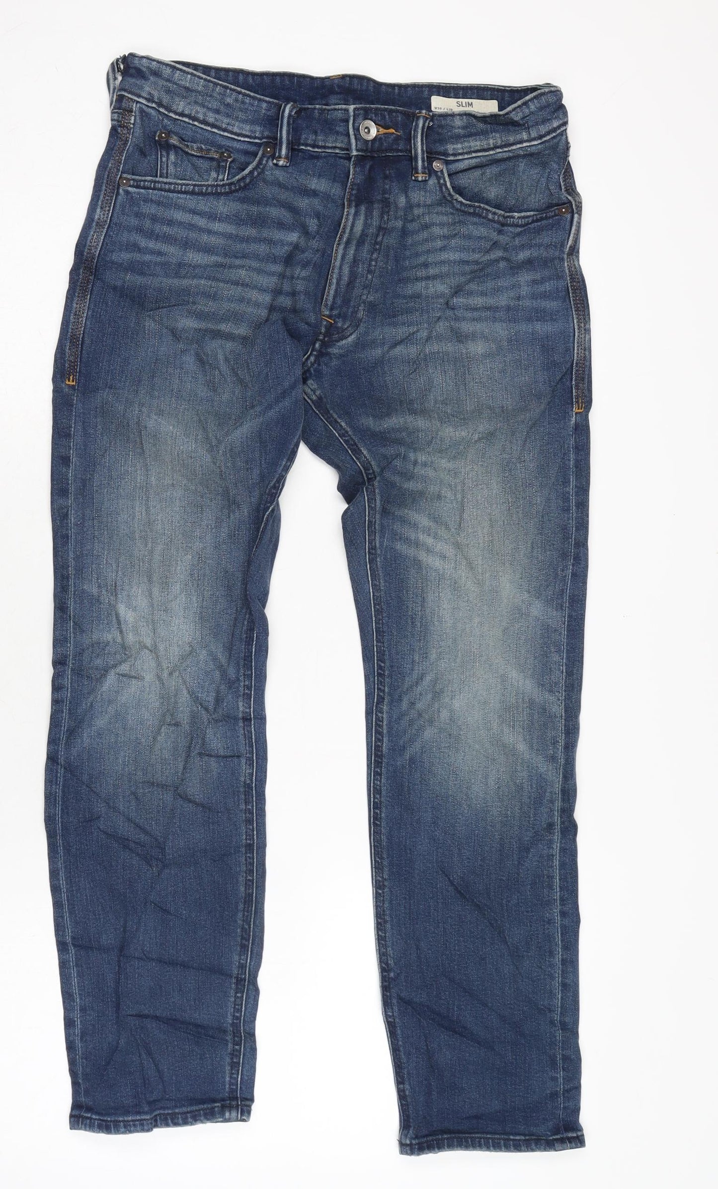 Marks and Spencer Mens Blue Cotton Blend Straight Jeans Size 2XS L29 in Regular Zip