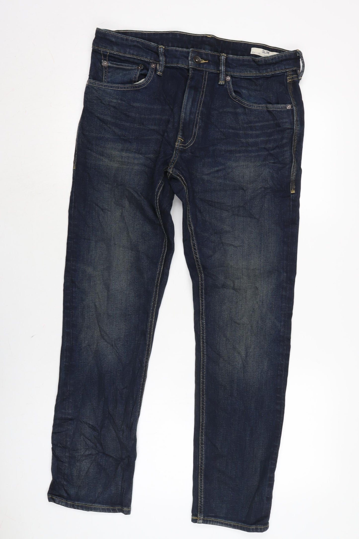 Marks and Spencer Mens Blue Cotton Blend Skinny Jeans Size 34 in L31 in Regular Zip