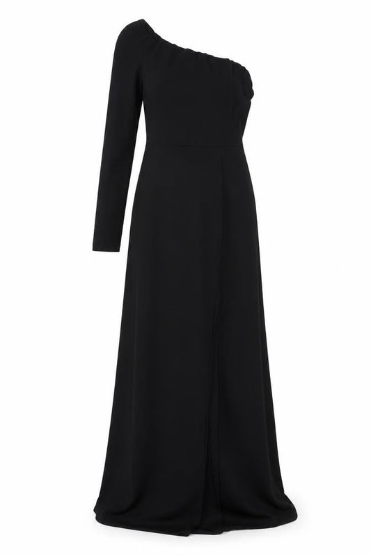 Front view of Club L women’s black polyester a-line, size UK 8, one shoulder