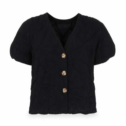 Front view of ASOS women’s black viscose basic button-up, size UK 6, v-neck