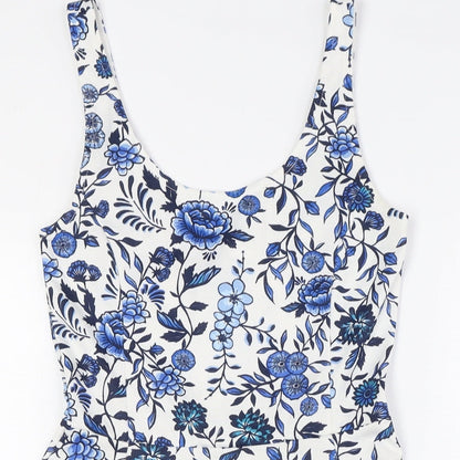 Divided by H&M Womens White Floral Polyester A-Line Size 6 Scoop Neck - Blue Flowers