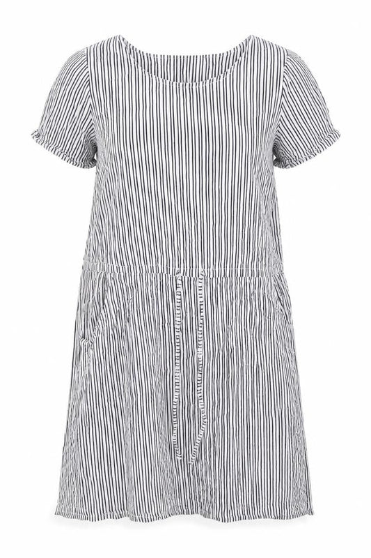 BHS Womens White Striped Cotton A-Line Size 12 Round Neck - Pull Waist