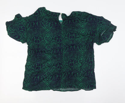 Denim Hunter Womens Green Animal Print Viscose Basic Button-Up Size 10 Boat Neck