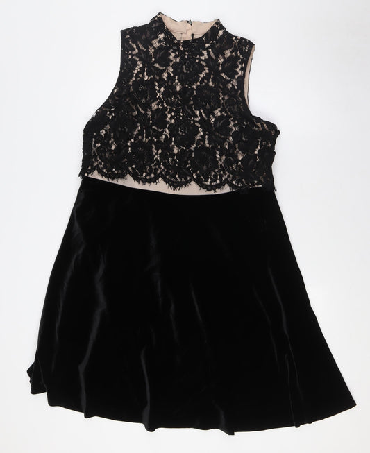 NEXT Womens Black Polyester A-Line Size 16 Mock Neck Zip - Lace Overlay