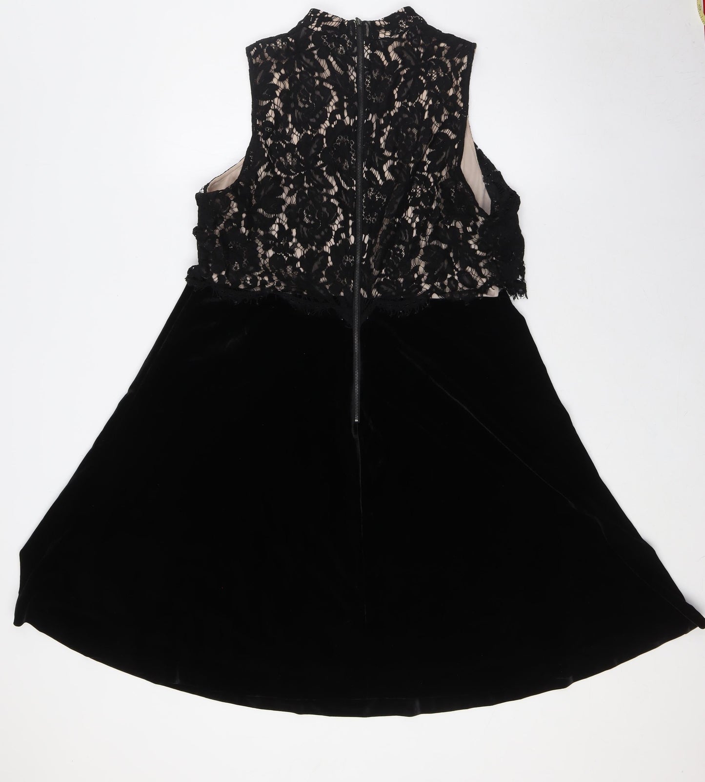 NEXT Womens Black Polyester A-Line Size 16 Mock Neck Zip - Lace Overlay