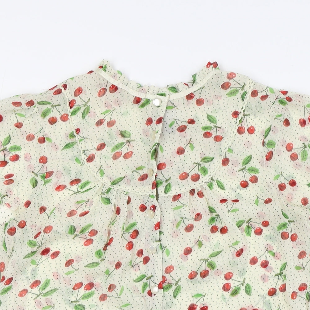 Divided by H&M Womens Ivory Polyester Basic Button-Up Size 10 Mock Neck - Cherries